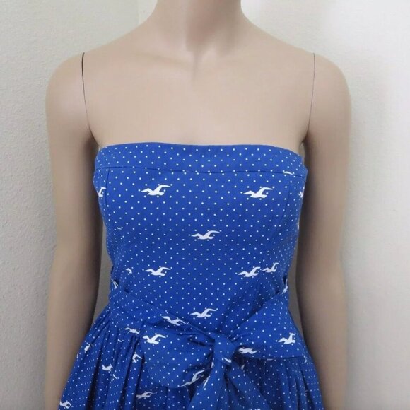 NWT Hollister Womens Polka Dot Seagull Strapless Dress Size Medium Blue Bow - Picture 2 of 7